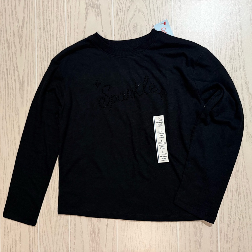 Cat & Jack Girls Sparkle Shirt Black‎ Long Sleeve Size L 10-12 NEW